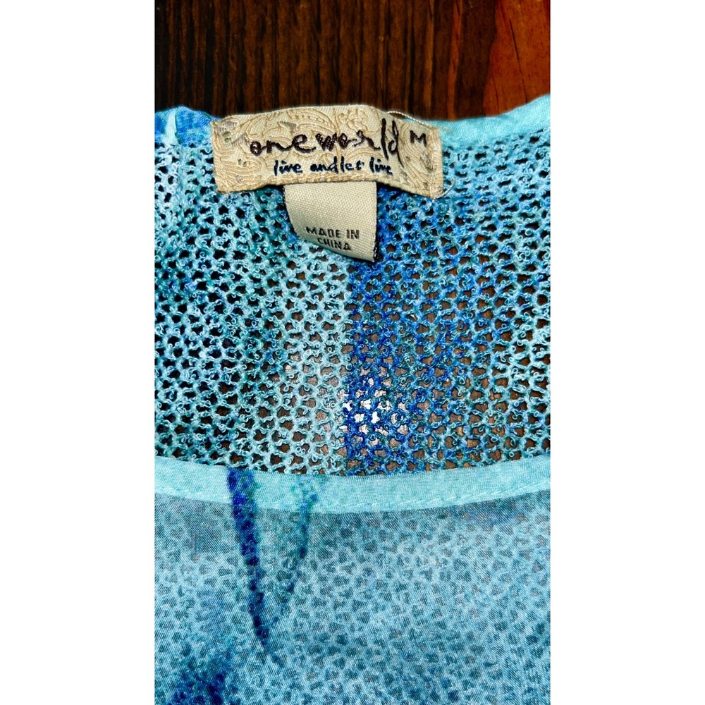 One World Live and Let Live Blue Teal Floral Rose Mesh Knit Top Womens Medium - Picture 2 of 5
